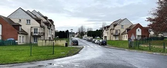 Rue bordée de maisons et voitures garées.