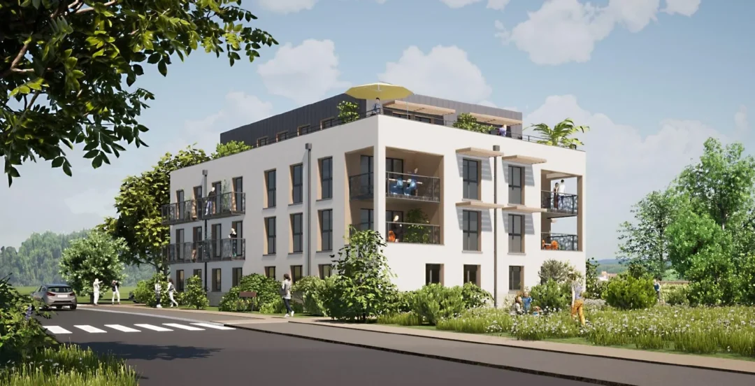 Immeuble moderne avec balcons et verdure.