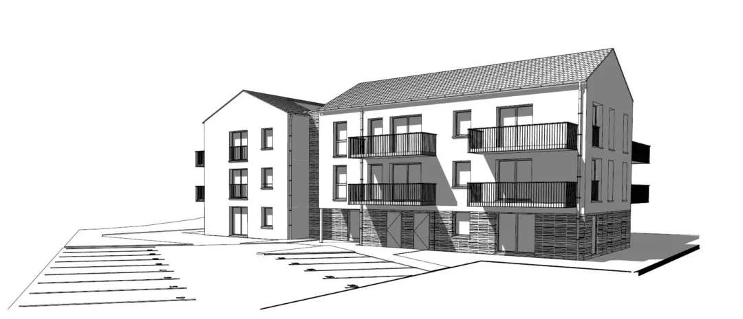 Dessin architectural d'un immeuble résidentiel moderne.