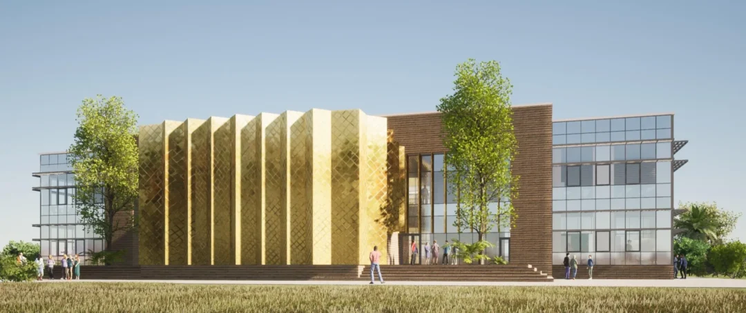 Bâtiment moderne avec façade dorée et vitrée.