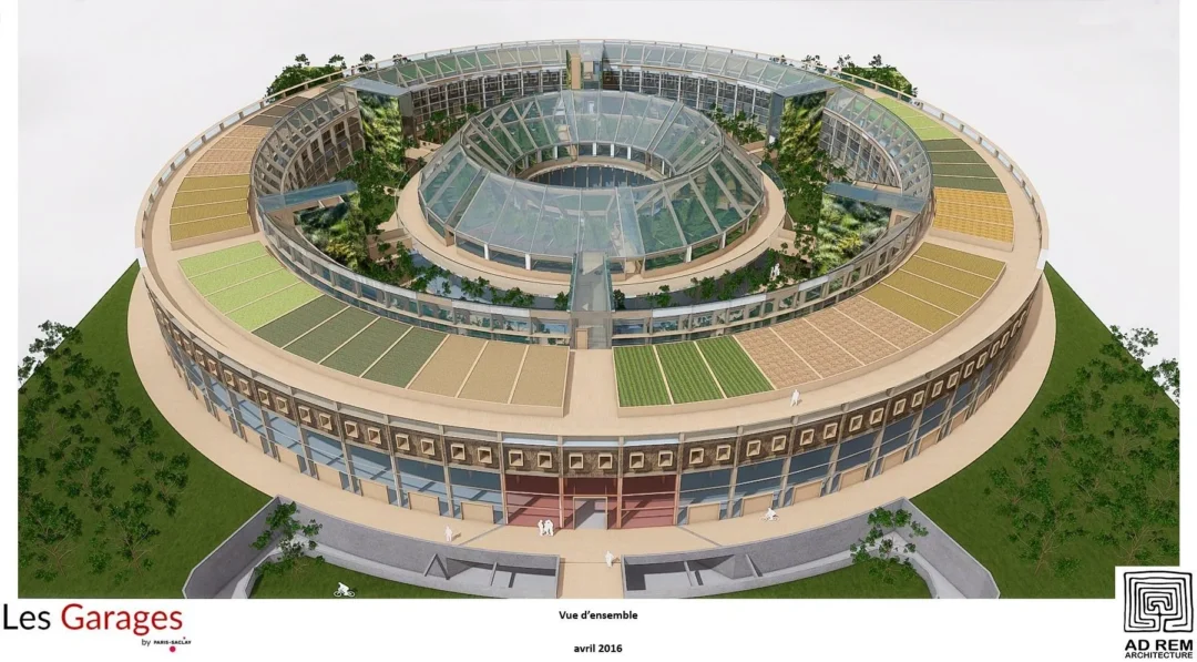 Vue aérienne d’un bâtiment circulaire moderne.