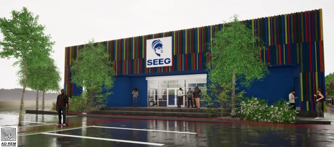 Bâtiment SEEG coloré sous la pluie avec des arbres.