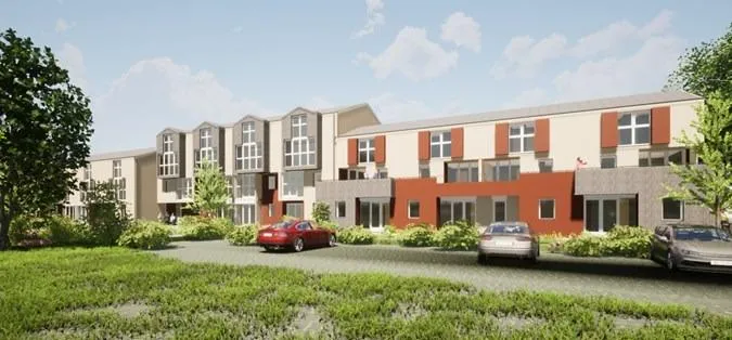 Bâtiment résidentiel moderne avec parking.